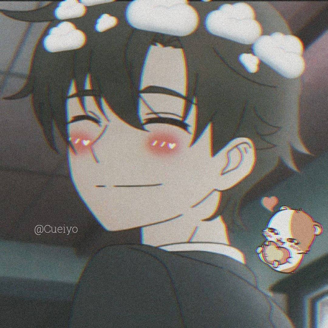 Anime Discord Pfp 桌布 壁紙 — 動漫男孩閉上眼睛，臉頰紅潤，溫柔地微笑， fluffy 雲朵漂浮在他的頭頂，一隻可愛的熊公仔從旁邊探出頭來。