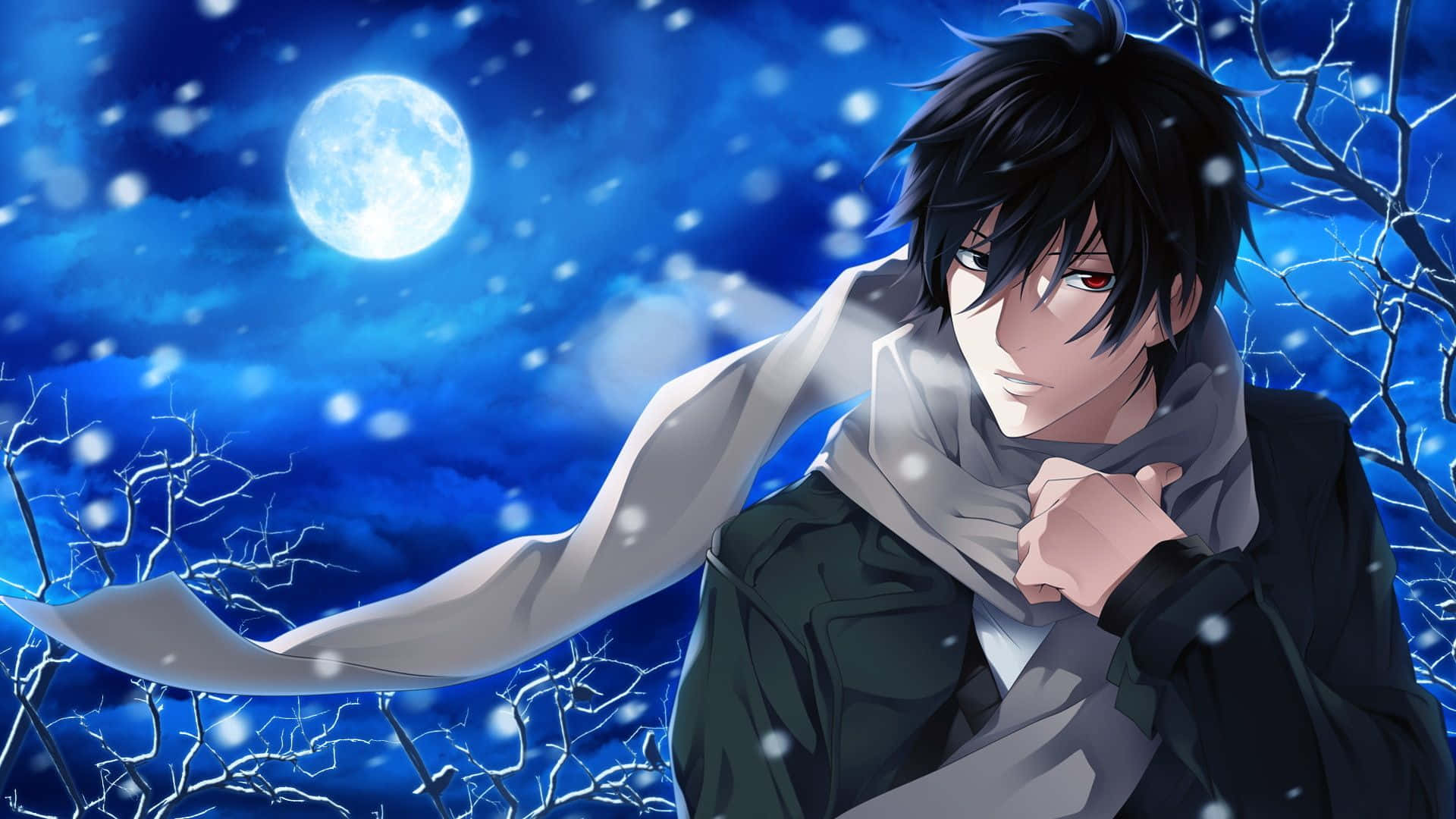 雪夜滿月下紅眼動漫男孩戴圍巾
