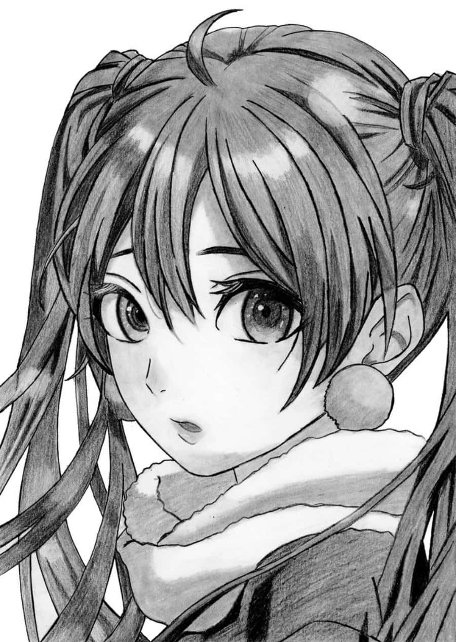 動漫畫中驚奇表情的少女 壁紙 — 一幅詳細的黑白鉛筆素描，描繪一位紮著雙馬尾、擁有大眼睛且向上看的動漫女孩。
