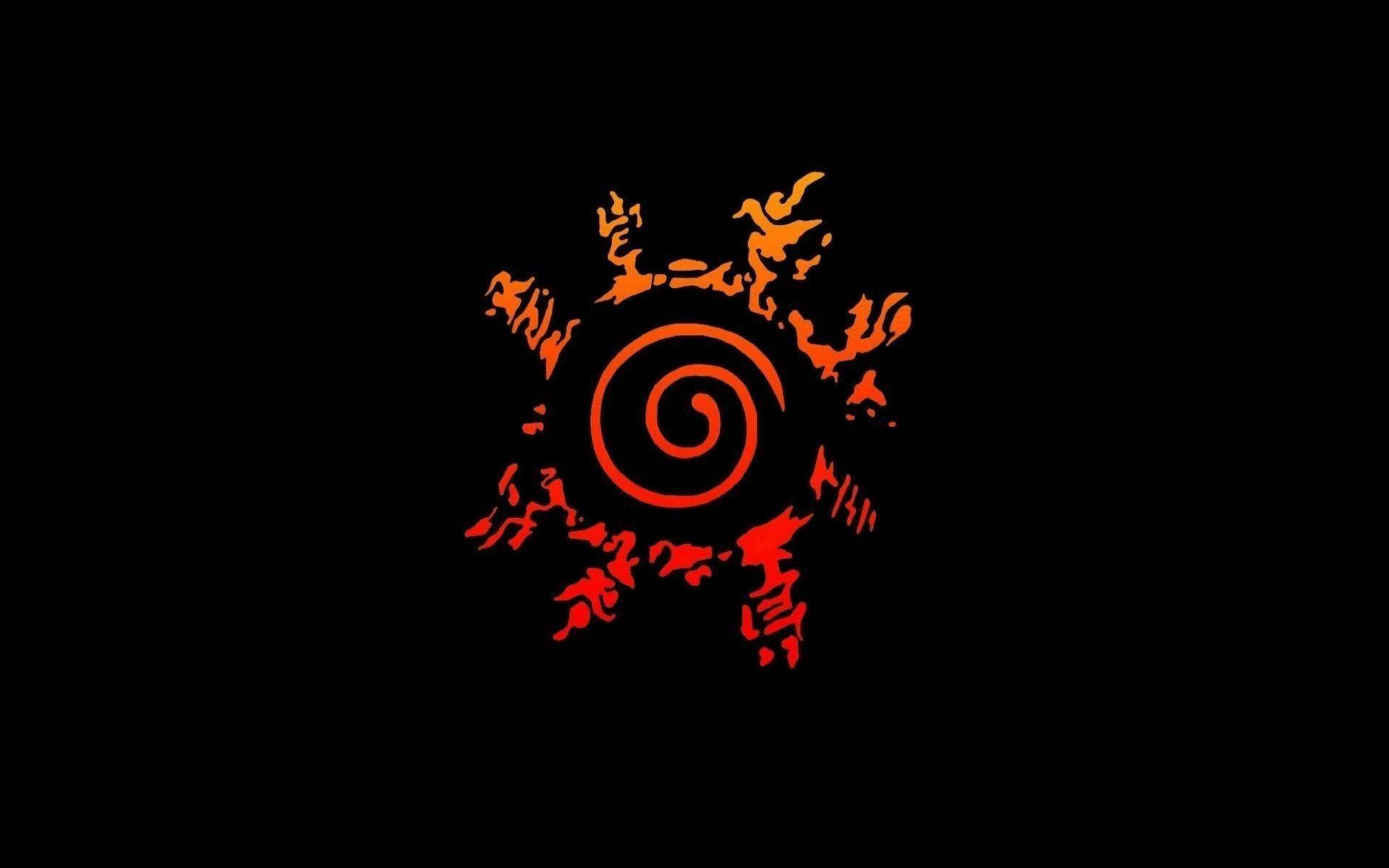 動漫符號：火影忍者八門遁甲橙黑配色 壁紙 — 一個發光的橙色螺旋徽章，帶有鋸齒狀火焰狀延伸部分，在純黑色背景上放射光芒。