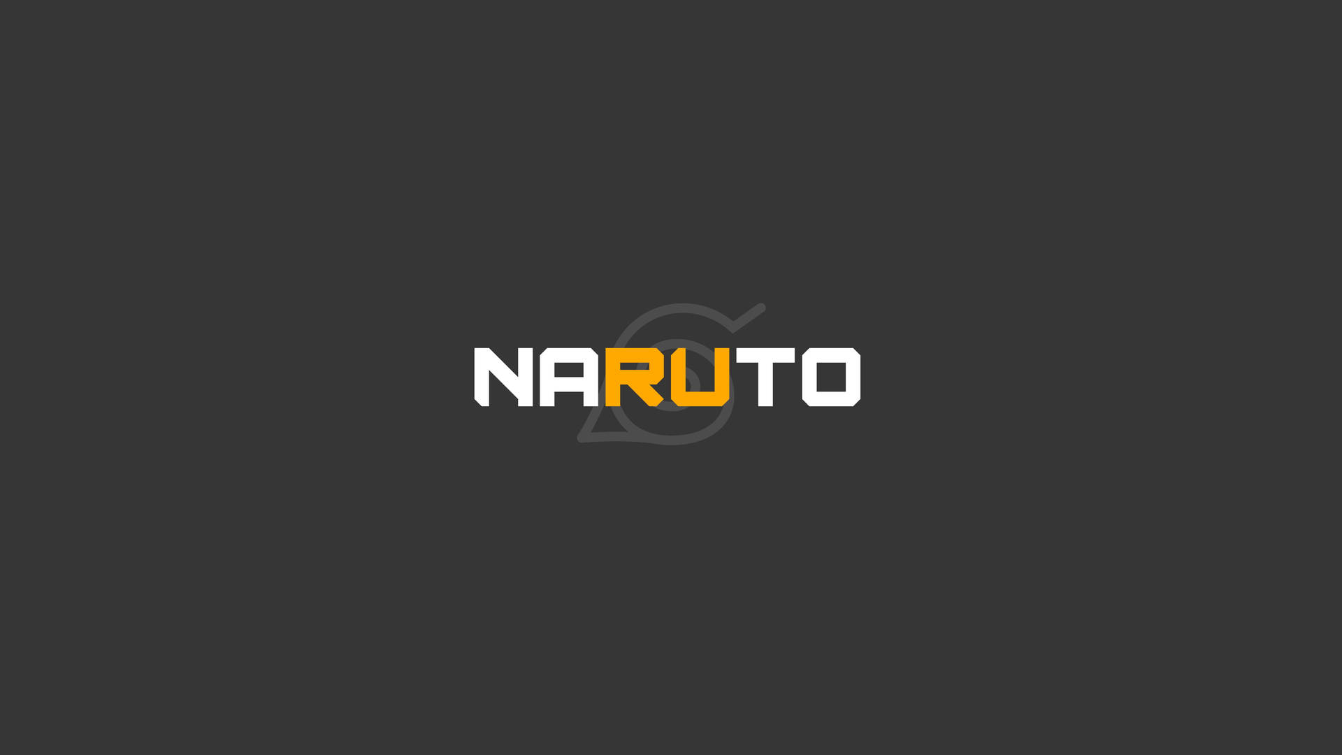 動漫符號：火影忍者木葉村標誌帶文字 壁紙 — 粗體白色和橙色的「NARUTO」字樣居中顯示在深灰色背景上，背後有一個模糊的圓形標誌。