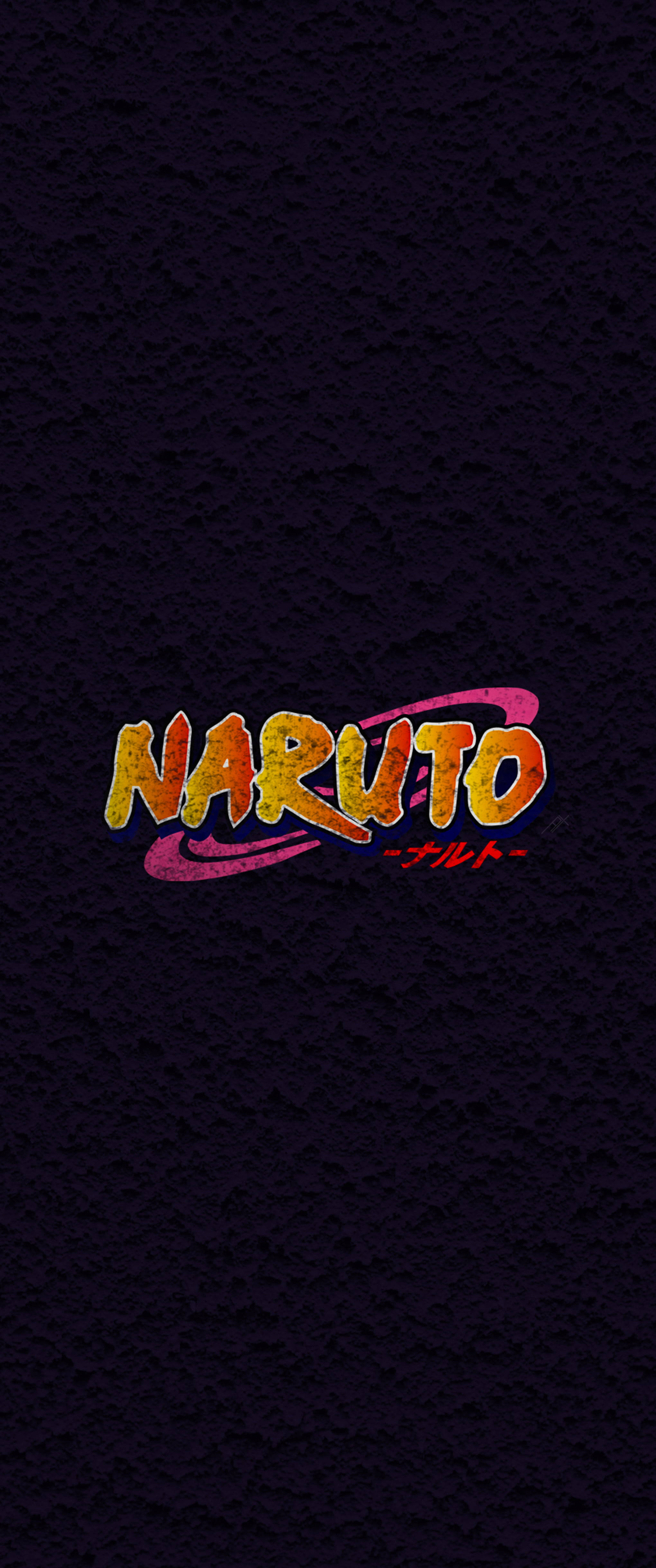 動漫符號：火影忍者標誌黑底 壁紙 — Naruto 標誌在帶有紋理的深紫色背景上散發出火熱的橙色和粉紅色光芒。