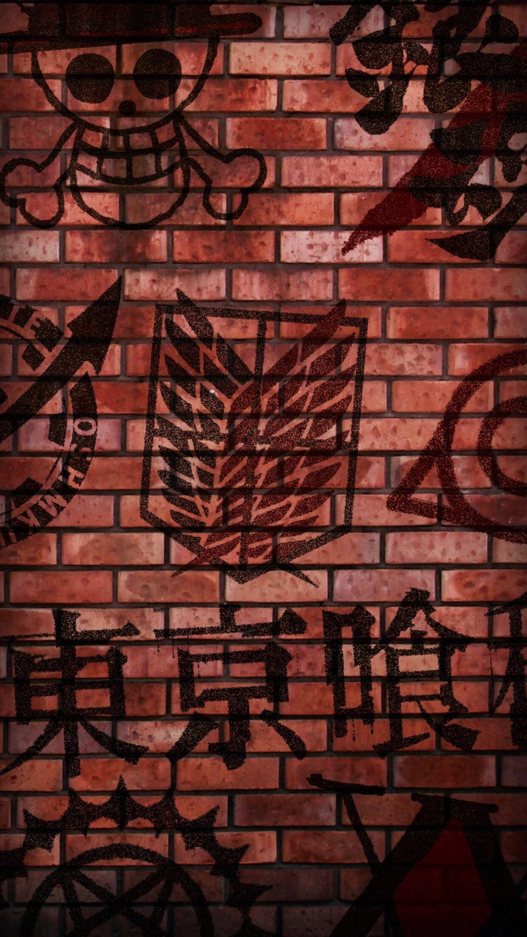 動漫符號與流行標誌塗鴉美學牆面 壁紙 — 磚牆上佈滿黑色塗鴉，包含動漫符號和漢字，呈現粗獷的都市風格。