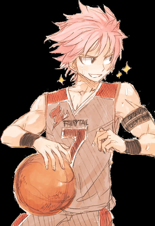 動漫籃球運動員納茲 壁紙 — 動漫男孩，粉紅色尖刺頭髮，身穿『FAIRY TAIL』球衣，手持籃球，頭部周圍有星星閃爍。