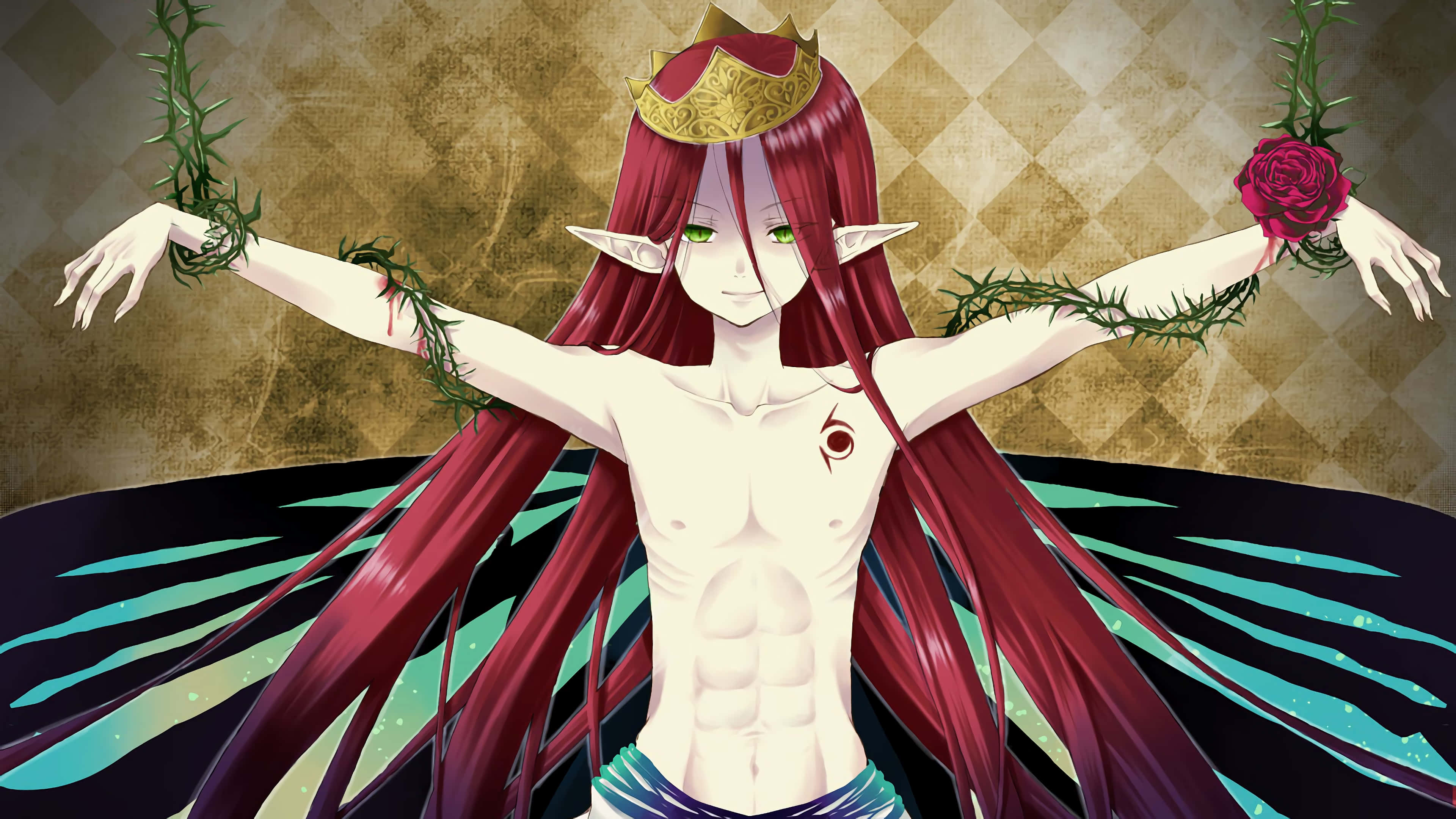 Seven Deadly Sins Gloxinia 桌布 壁紙 — 動漫精靈，紅髮戴冠，雙臂伸展，手持荊棘與玫瑰，背景為紋理金色。