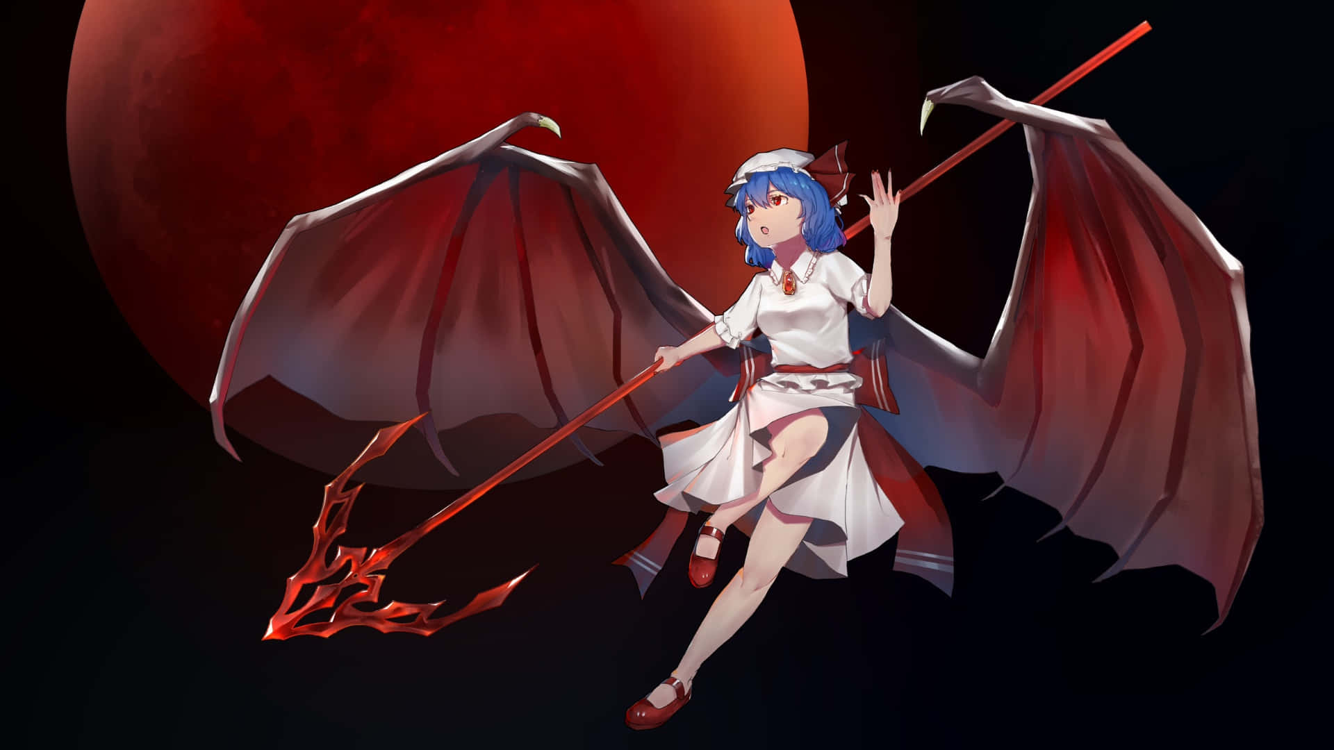 動漫紅月惡魔少女 壁紙 — 一位藍髮動漫女孩，長著紅色蝙蝠翅膀，揮舞著帶刺的法杖，面對巨大的紅色月亮。