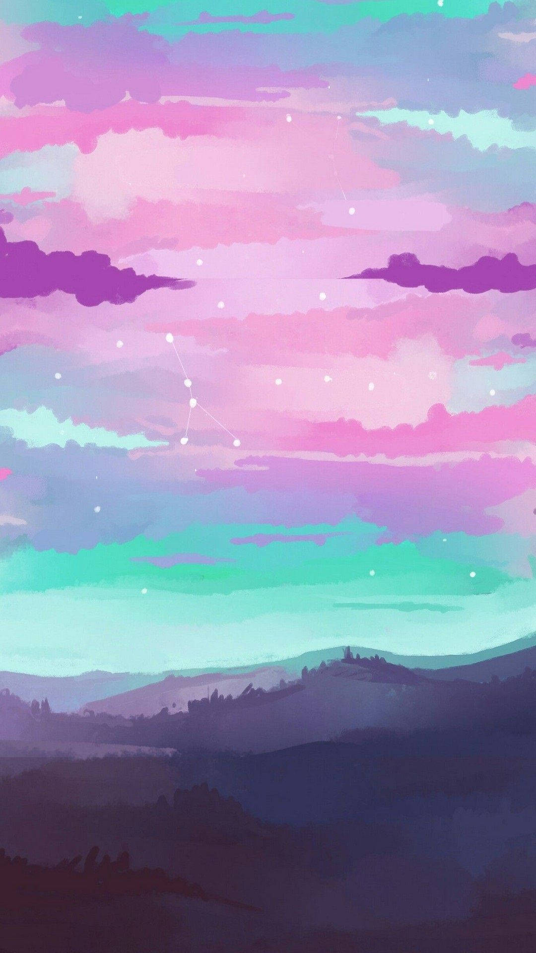 夜晚的粉彩天空，有星星和山丘