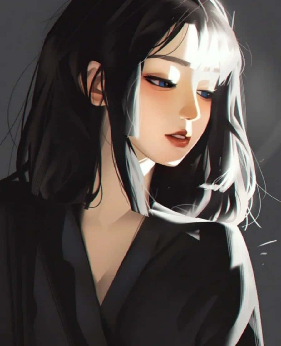 動漫美學 壁紙 — 一個風格化的動漫女孩，深色頭髮和引人注目的藍色眼睛，在柔和、戲劇性的燈光下向下凝視。