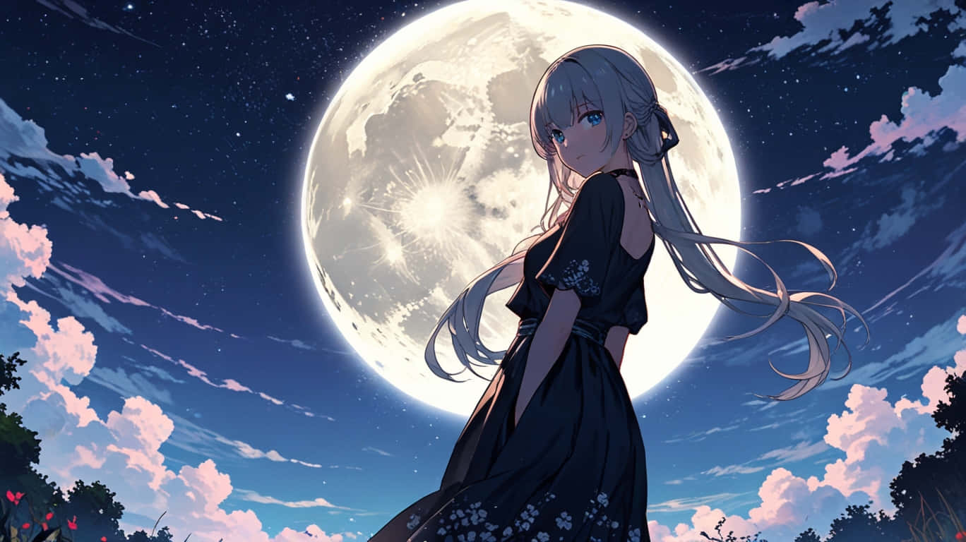 銀髮動漫女孩穿著黑色花卉連衣裙，站在暮色天空中巨大月亮下，有粉紅色雲彩