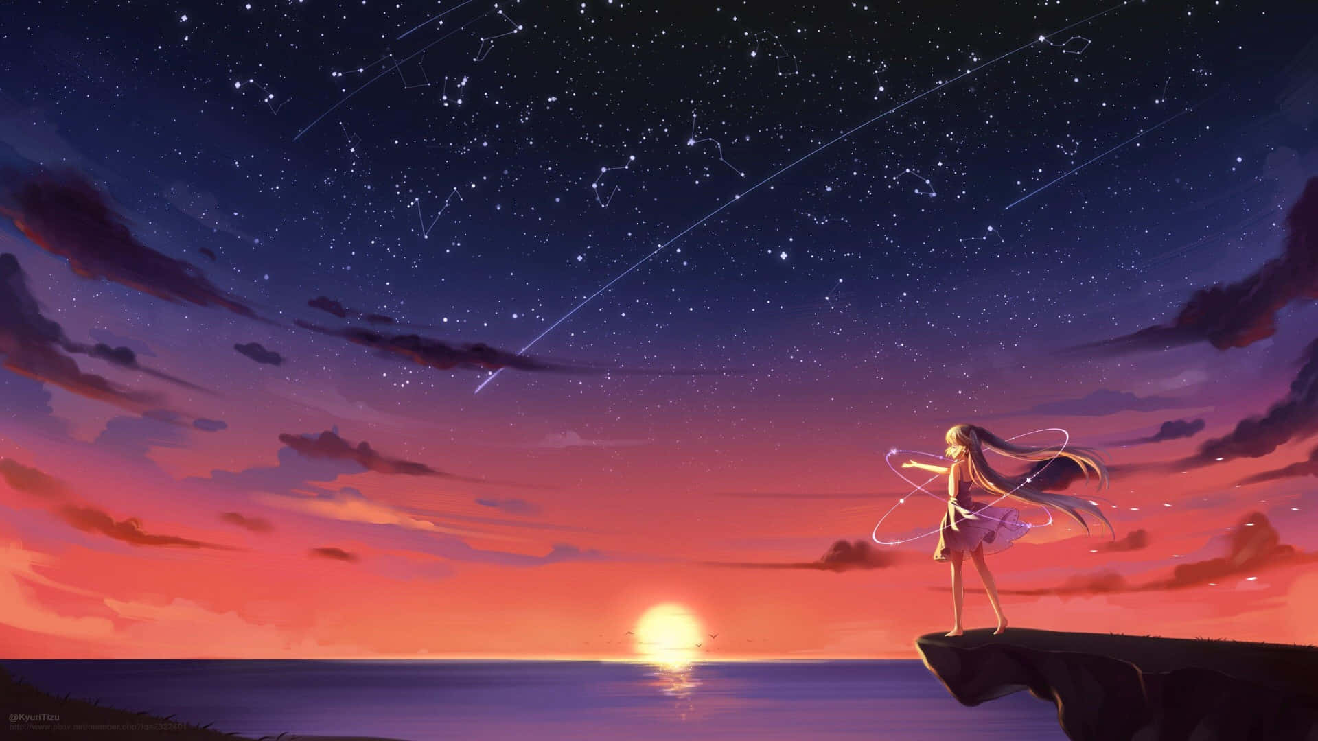 動漫女孩在懸崖上看夕陽和流星