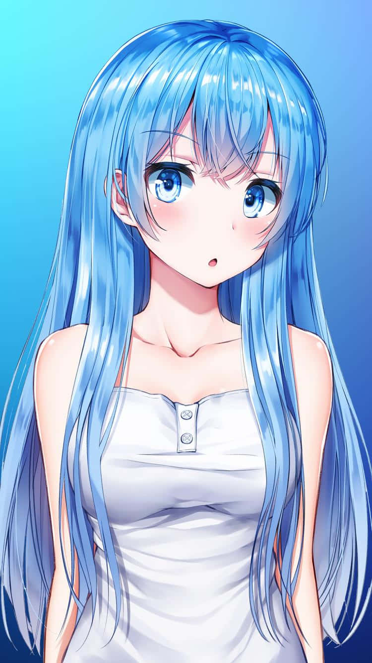 動漫女孩，長藍色頭髮和藍色眼睛，穿著白色上衣。