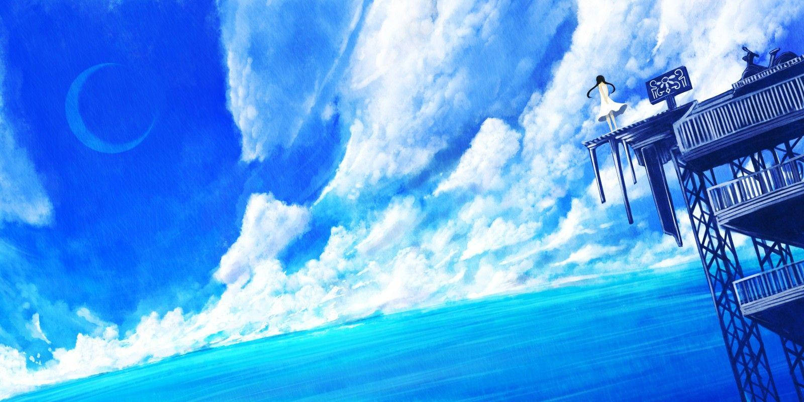 動漫女孩穿著白色連衣裙站在海洋上方的金屬平台上，藍天下有一彎新月。