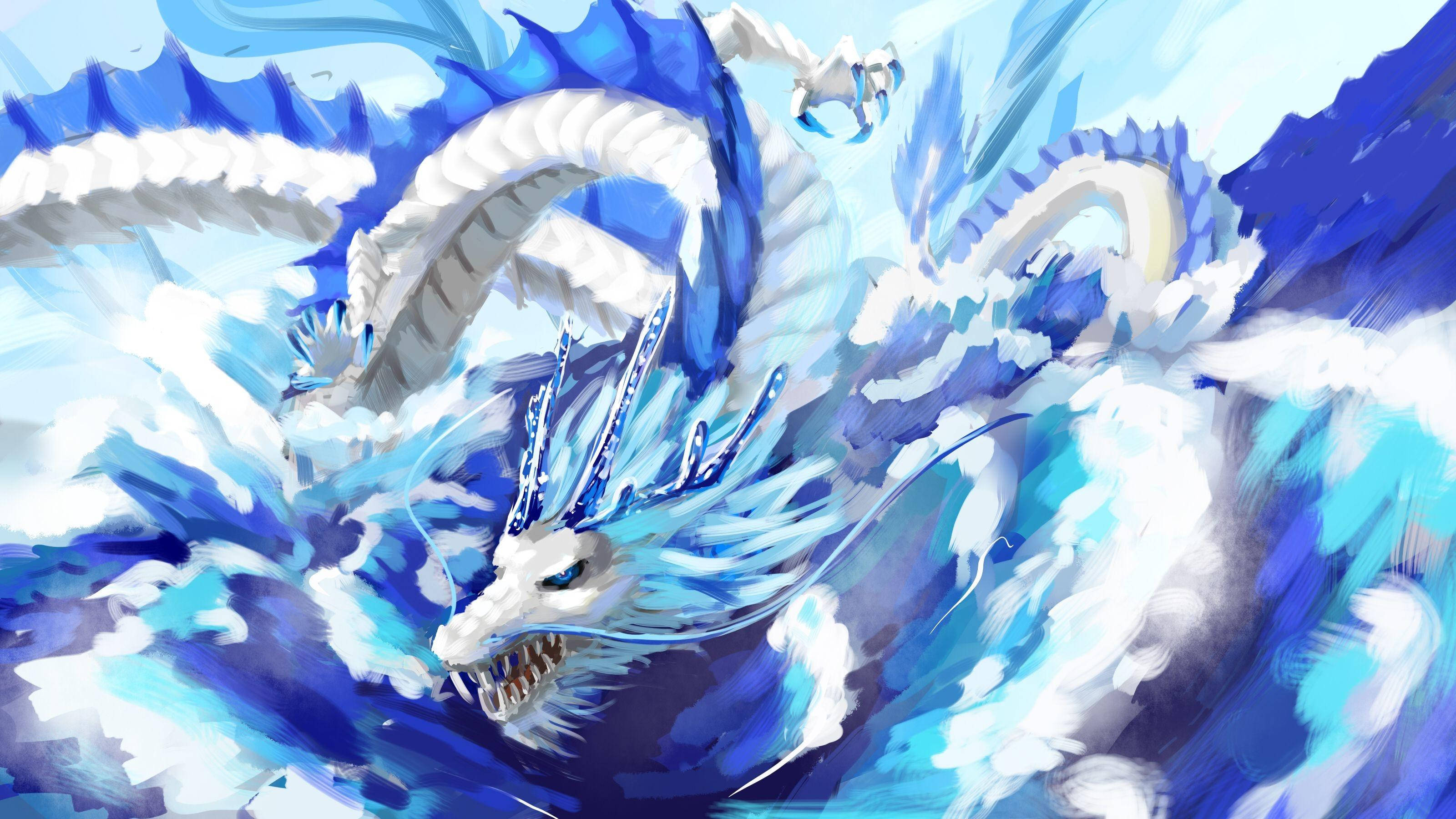 動漫藍色東方龍 壁紙 — 一隻雄偉的白色和藍色龍，帶有冰刺，在明亮的天空下從旋轉的海浪中強力出現。