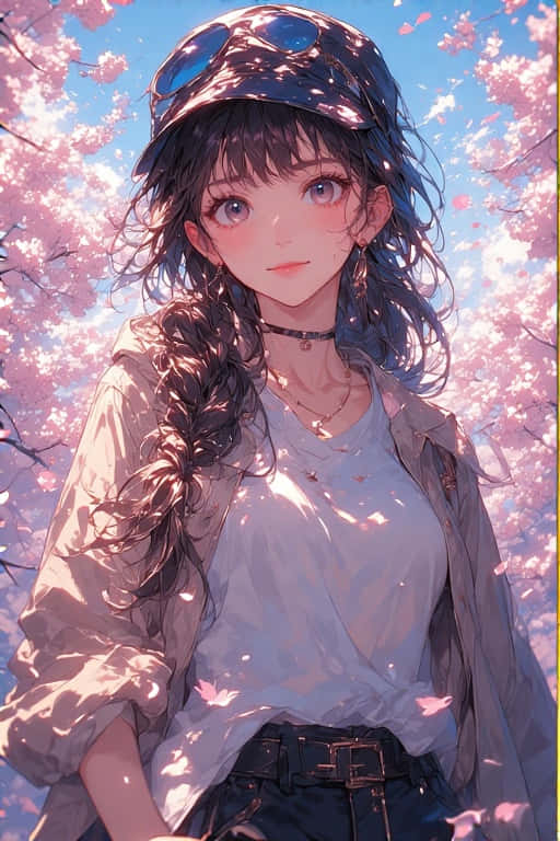 動漫女孩，辮子頭髮戴著帽子，站在櫻花樹下，粉紅色花瓣在她周圍飄浮。