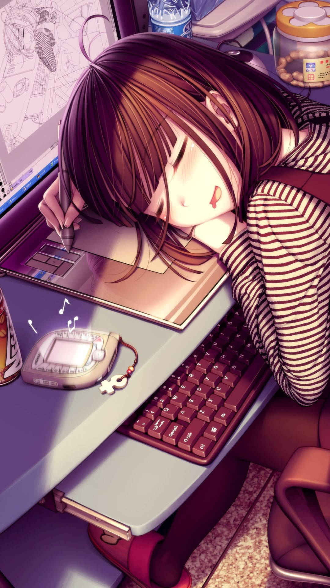 動漫女孩在書桌上睡著了，旁邊有繪圖板和鍵盤。