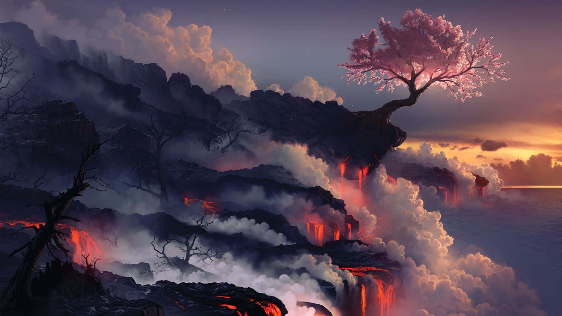 動漫藝術是經典永恆 壁紙 — 日落時分，熔岩穿過迷霧雲層傾瀉而下，一棵孤獨的粉紅櫻花樹在火山懸崖頂上 defiantly 綻放。
