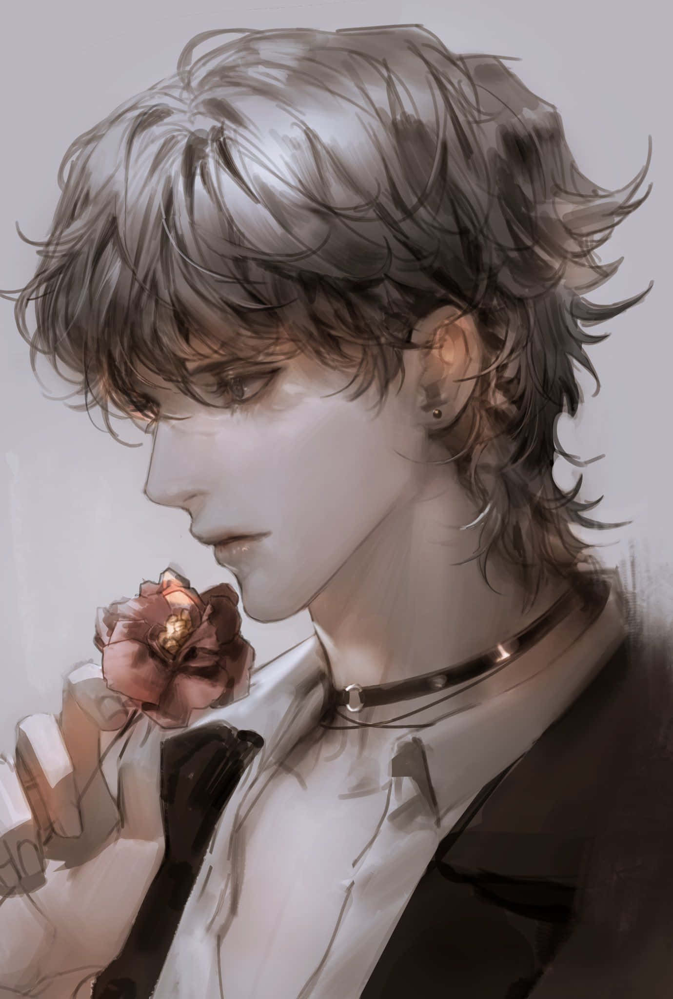 動漫藝術的夢幻世界 壁紙 — 一個憂鬱的動漫男性，銀色頭髮，手持一朵枯萎的玫瑰，背景是柔和的灰色。
