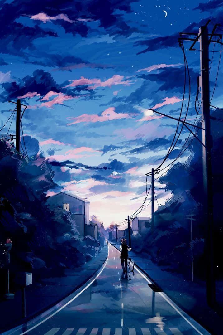 一個人帶著單車，在暮色天空下沿著潮濕的道路行走，天空有粉紅色的雲彩和一彎新月。 — 高清動漫 壁紙