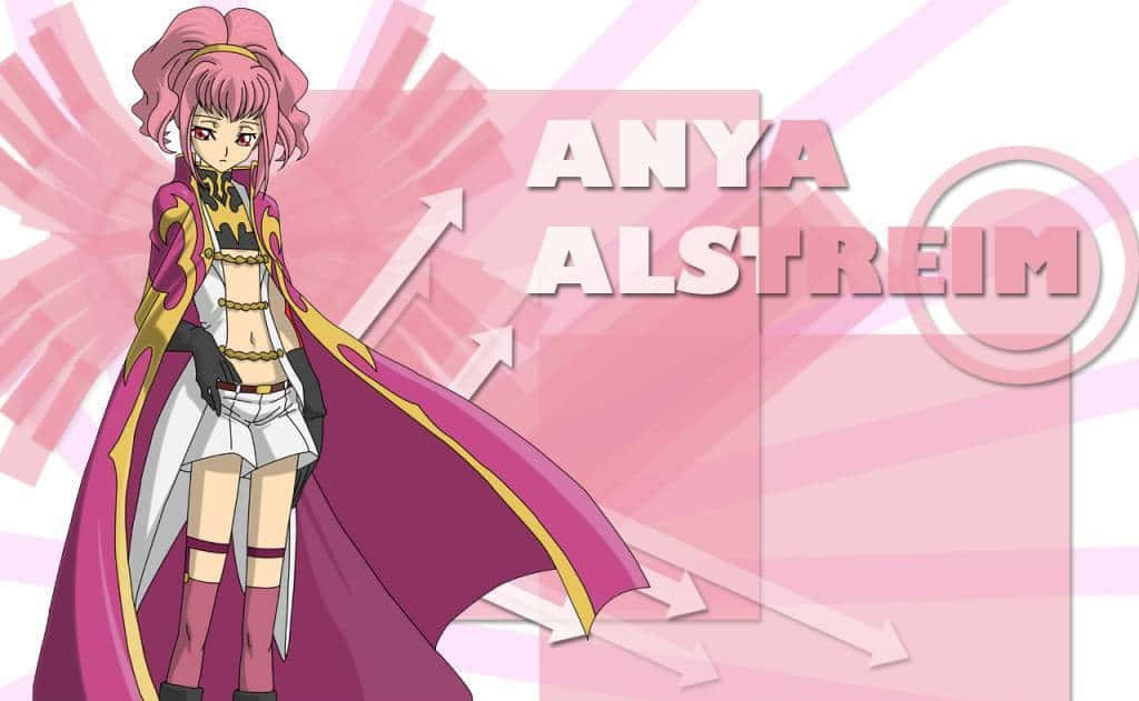 Anya Alstreim 桌布 壁紙 — 動漫角色 Anya Alstreim 自信地站立，身穿洋紅色和金色服裝，背景為帶有箭頭的粉紅色放射狀背景。