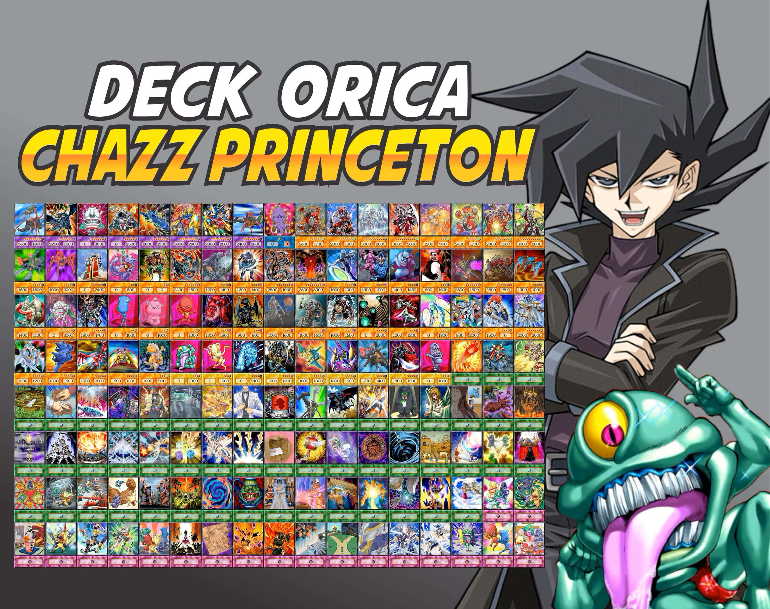 Chazz Princeton 桌布 壁紙 — 動漫角色 Chazz Princeton 站在他的怪獸牌組旁邊，腳邊有一隻咧嘴笑的綠色怪獸。
