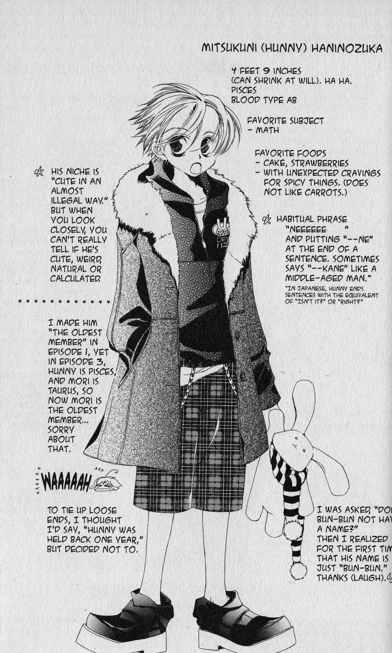 Mitsukuni Haninozuka 桌布 壁紙 — 動漫角色 Hunny Haninozuka 穿著校服，抱著兔子毛絨玩具，周圍有文字氣泡。