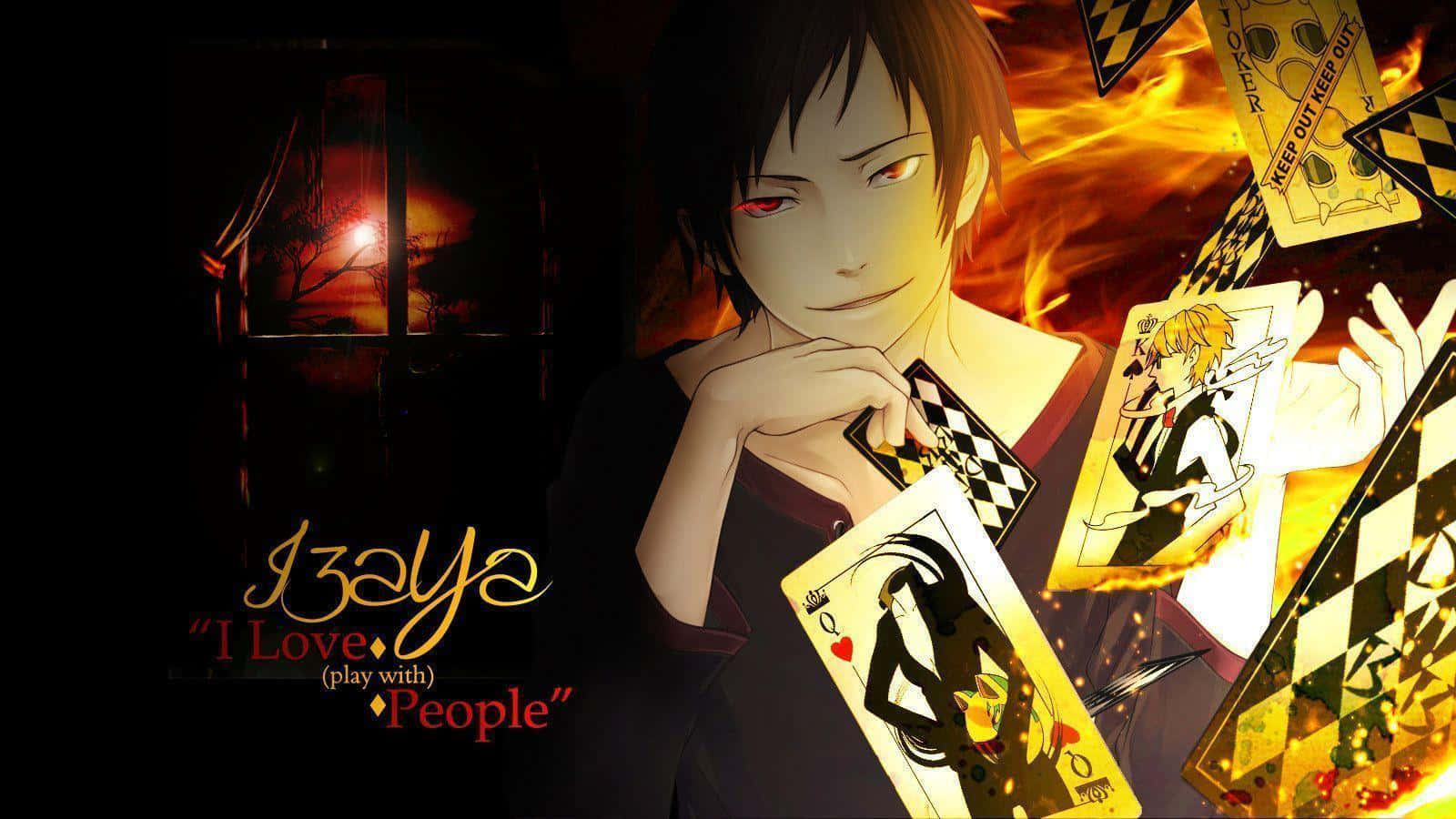 Izaya Orihara 桌布 壁紙 — 動漫角色 I3aya 喺黑暗窗邊手持燃燒緊嘅啤牌，背景係紅色日落剪影。