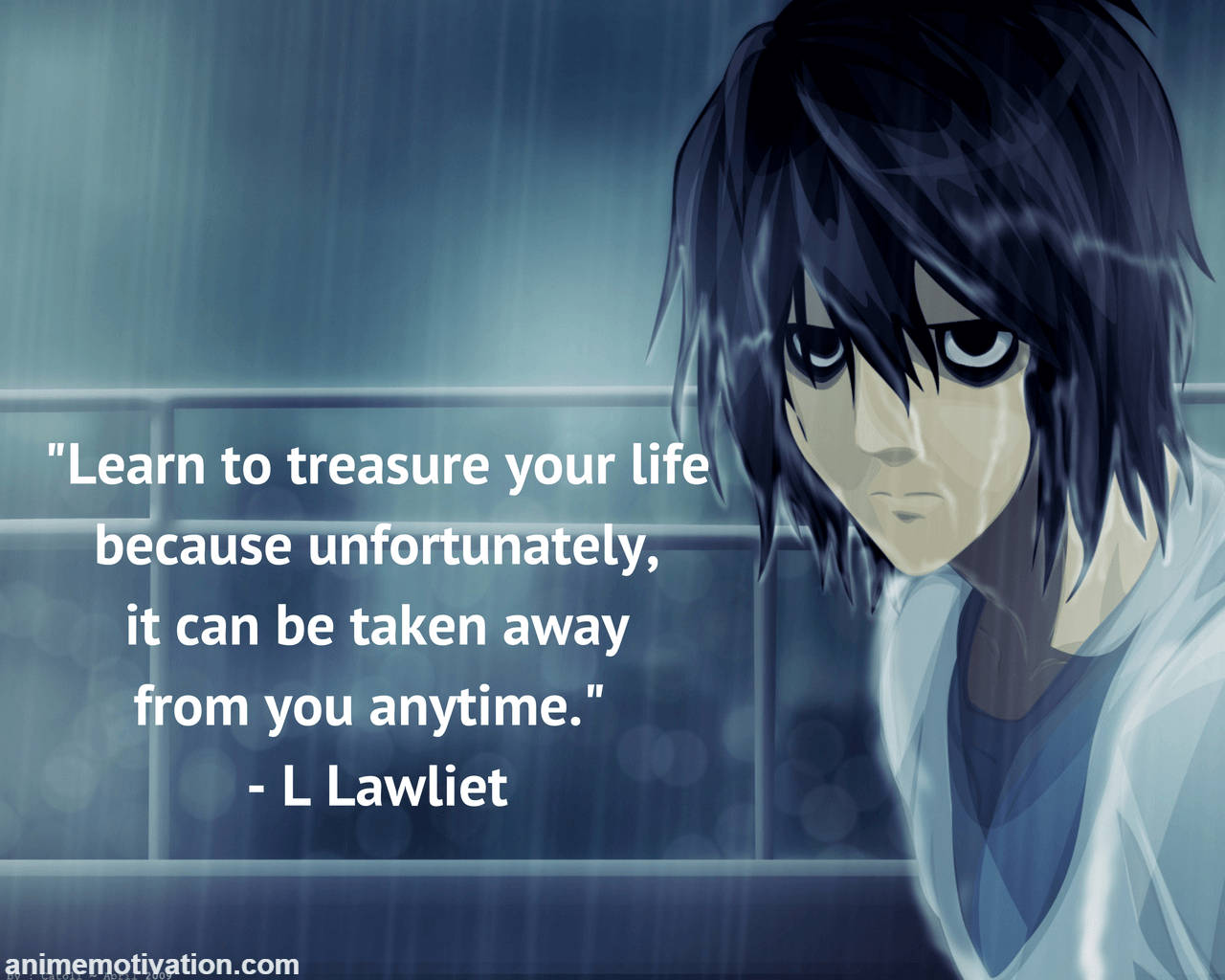 桌布 壁紙 — 動漫角色 L Lawliet 透過佈滿雨痕的玻璃嚴肅地凝視，並帶有勵志語句疊加。