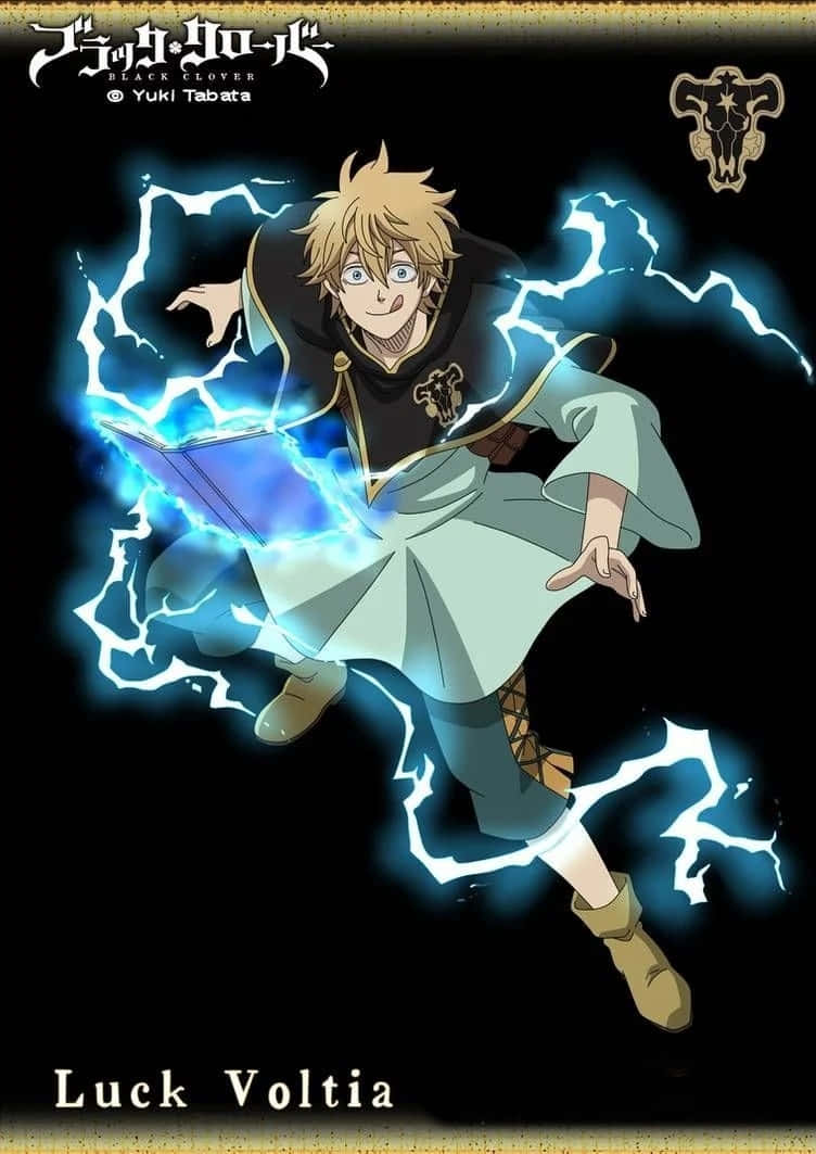 Luck Voltia 桌布 壁紙 — 動漫角色 Luck Voltia 在黑色背景下從發光的書本中引導藍色閃電。