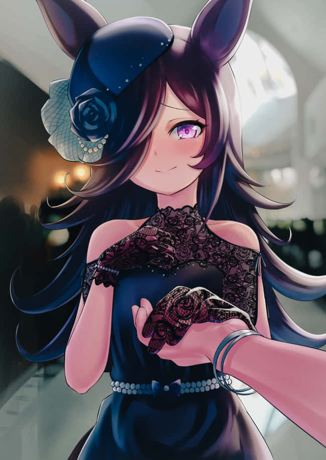 貓耳朵動漫女孩穿著優雅深藍色蕾絲連衣裙，室內手持玫瑰。