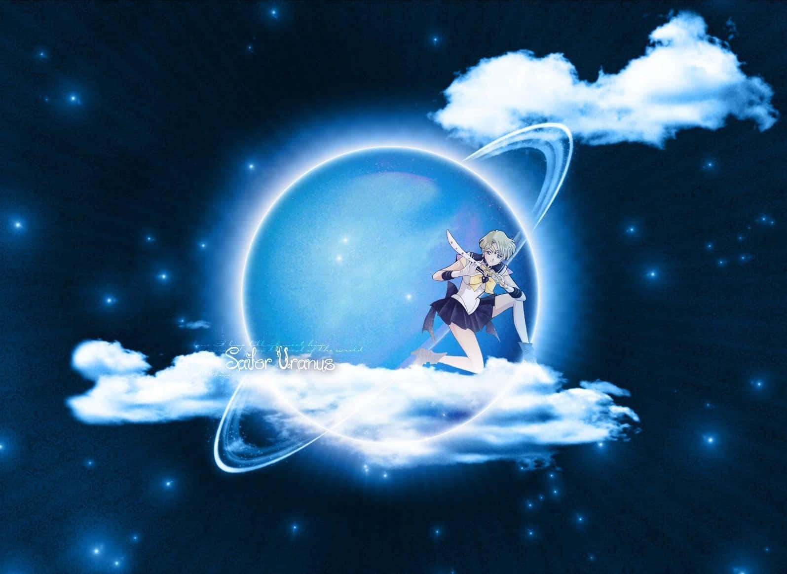 Sailor Uranus 桌布 壁紙 — 動漫角色 Sailor Uranus 站在發光的雲朵上，背景是星空下帶有光環的燦爛藍色行星。