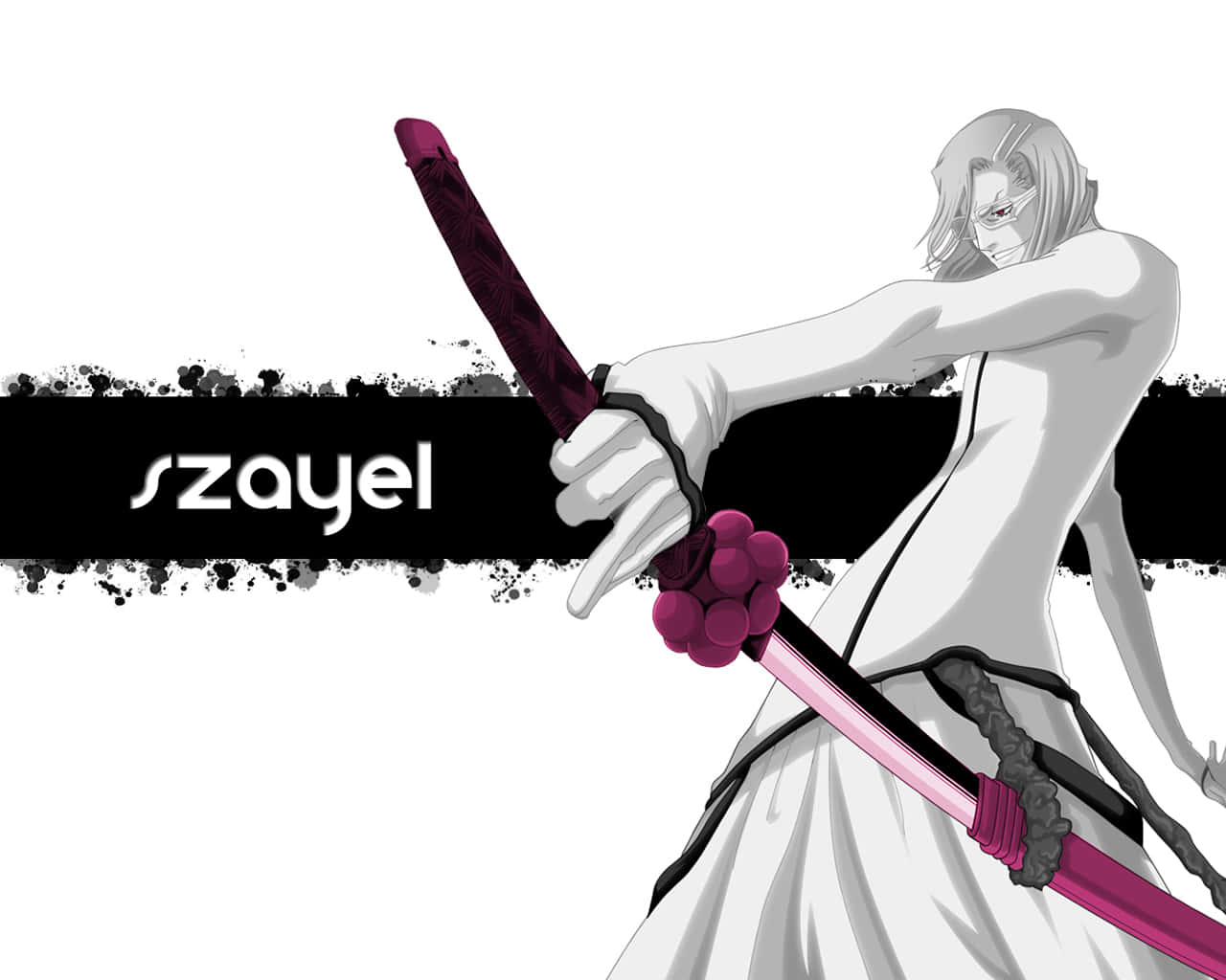 Szayelaporro Granz 桌布 壁紙 — 動漫角色 Szayel 皮膚蒼白，身穿白色長袍，在黑色潑濺背景下揮舞著粉紅色劍。