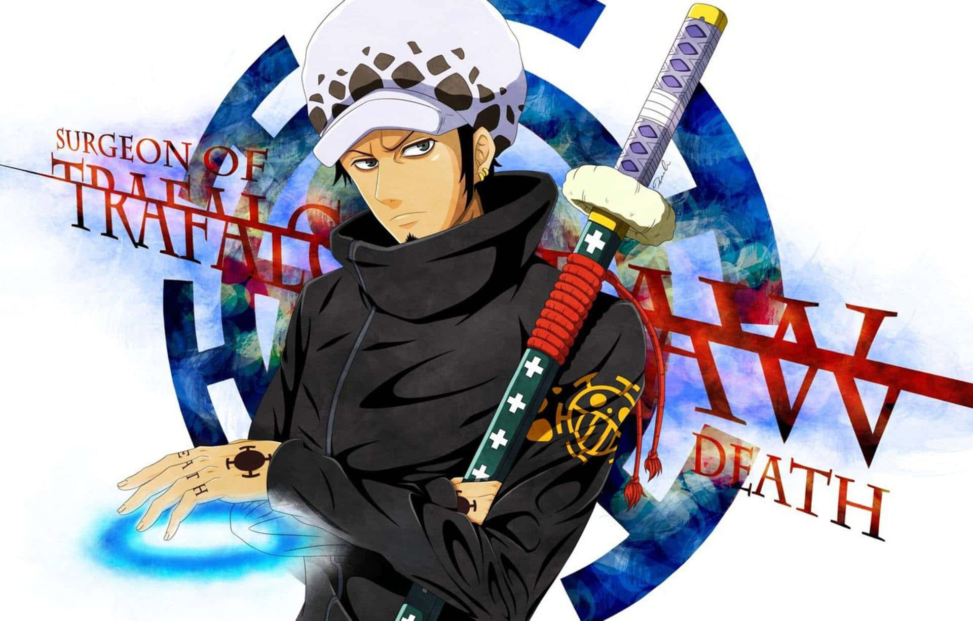 Punk Hazard 桌布 壁紙 — 動漫角色 Trafalgar Law 身穿黑色外套，手持劍，身後有藍色發光光環和紅色文字。