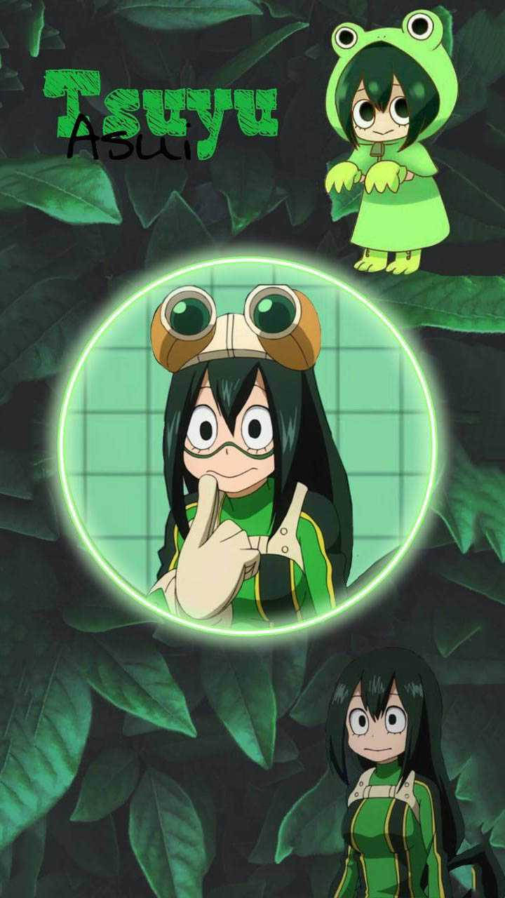 Aesthetic My Hero Academia Tsuyu Froppy Costume 壁紙 — 動漫角色 Tsuyu Asui 穿著青蛙主題服裝，被發光的綠色樹葉和葉子包圍。