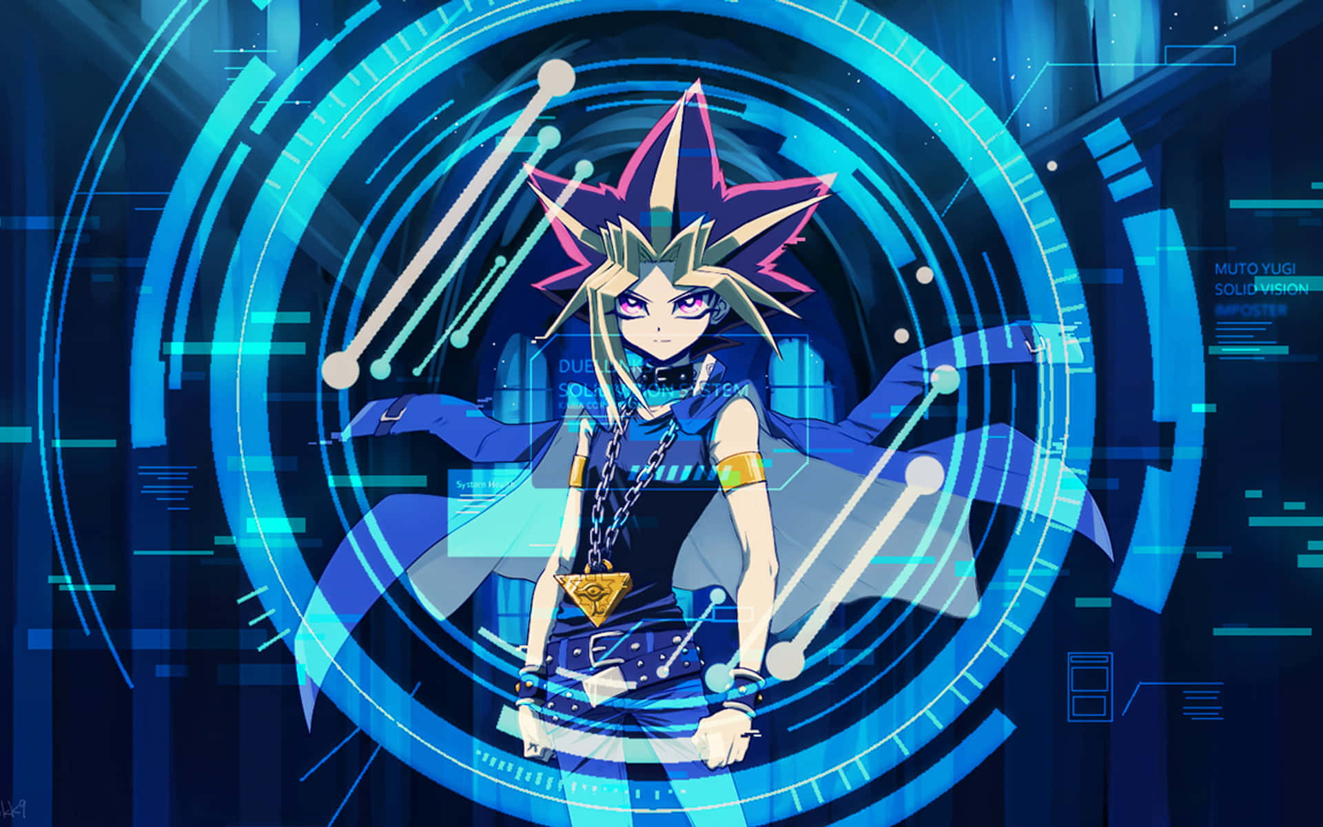 Yami Yugi 桌布 壁紙 — 動漫角色 Yugi Muto 站在一個發光的藍色未來感介面中央，周圍有數位電路和浮動的數據元素。