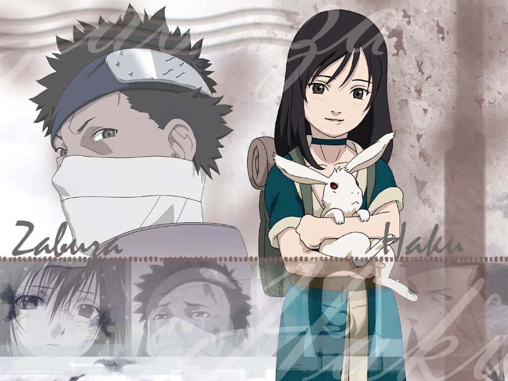 Zabusa Momochi 桌布 壁紙 — 動漫角色 Zabuza 和 Haku 站在一起，Haku 抱著一隻白兔，背景是帶紋理的灰色。