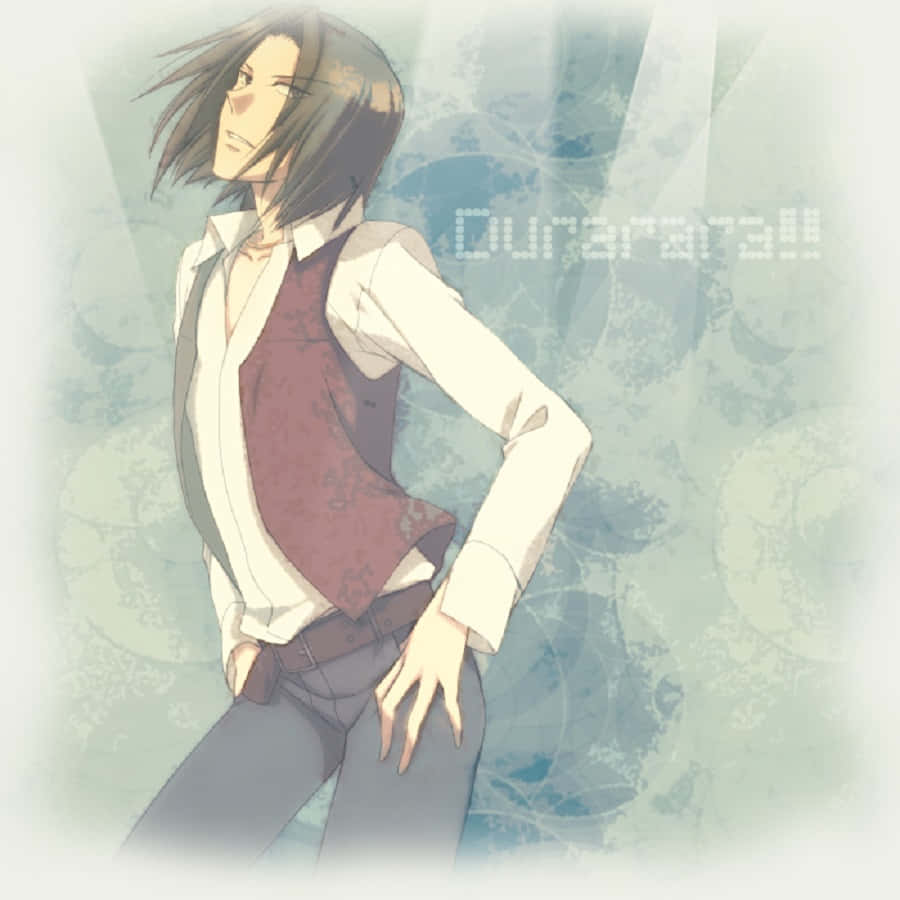 Saburo Togusa 桌布 壁紙 — 動漫角色，一頭凌亂的棕色頭髮，帶著自信的笑容，站在柔軟的藍色紋理背景前。
