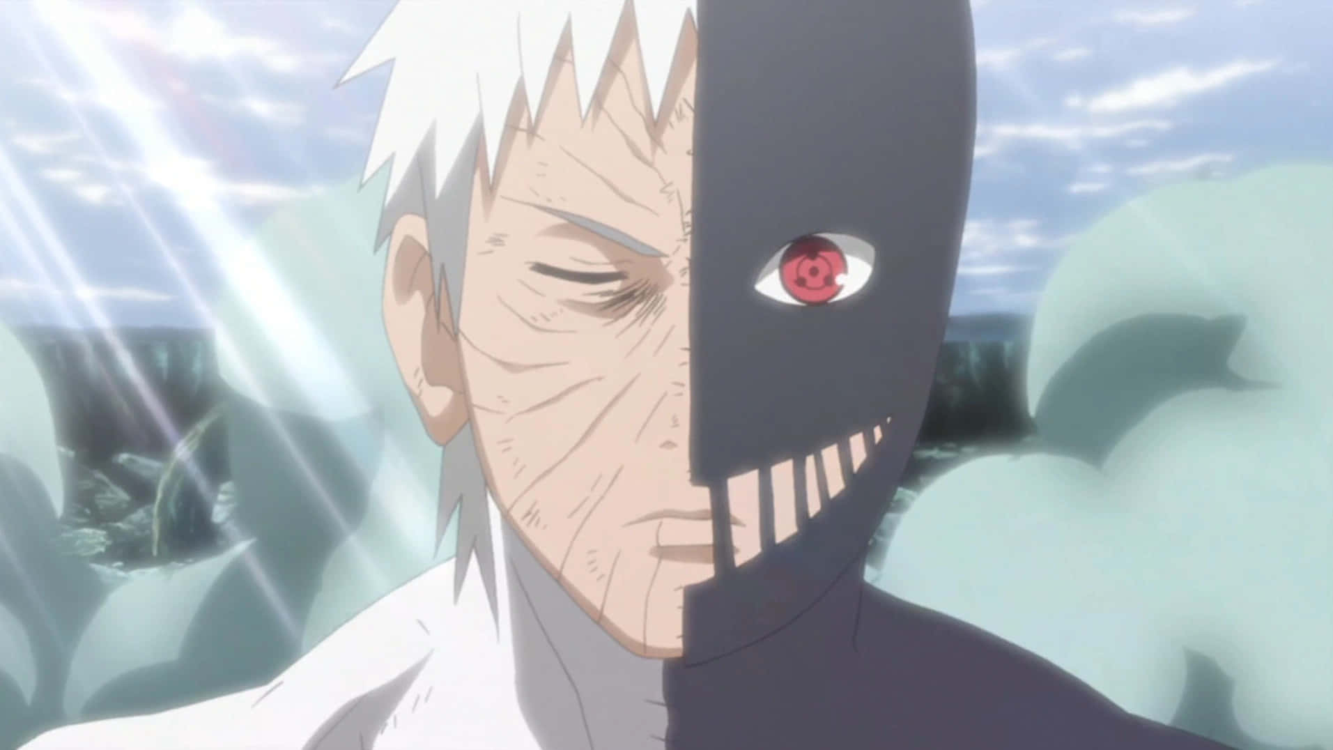 Black Zetsu 桌布 壁紙 — 動漫角色，半邊臉露出，半邊被深色布料遮蓋，在陰天背景下露出一隻紅色的巴紋眼睛。