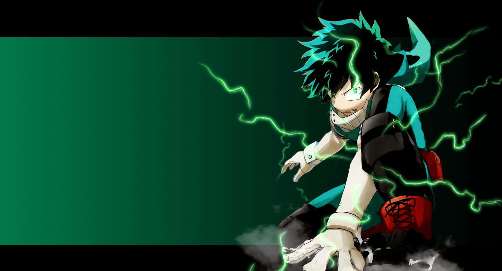Dark Deku 桌布 壁紙 — 動漫角色，擁有刺蝟般的黑髮，在深綠色背景前，發光的綠色閃電能量在他周圍湧動。