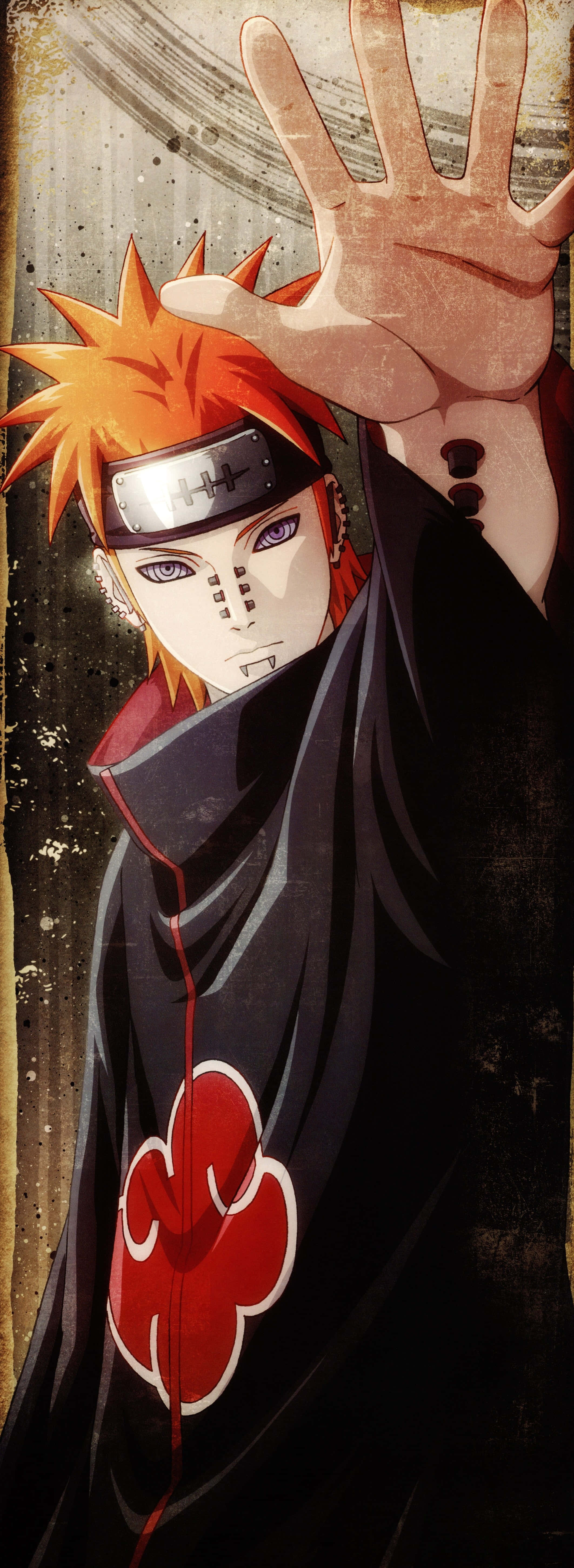 Akatsuki Ninja 桌布 壁紙 — 動漫角色，擁有尖刺橙色頭髮和帶有紅色雲紋的黑色斗篷，以戲劇性的姿勢舉起手。