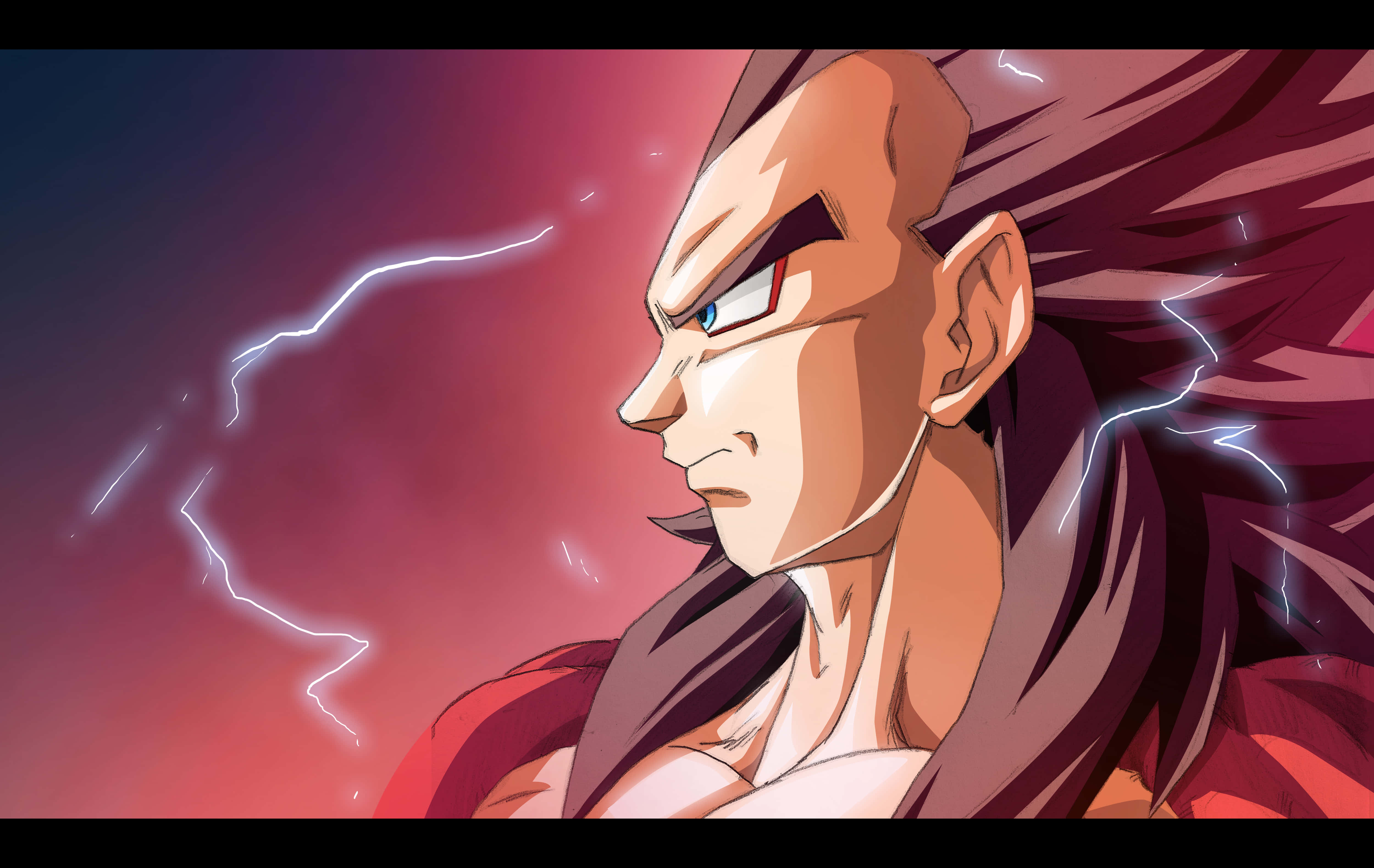 Vegeta Super Saiyan 4 桌布 壁紙 — 動漫角色，擁有尖刺的紅髮和發光的眼睛，被電閃雷鳴包圍，背景是火紅和深藍色的天空。