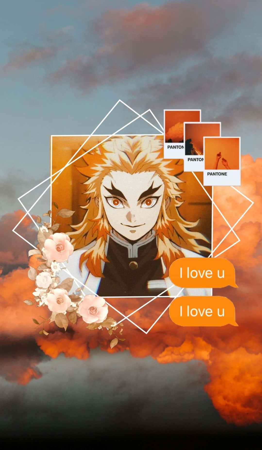 Rengoku Aesthetic 桌布 壁紙 — 動漫角色，擁有尖刺金髮和橙色眼睛，被幾何形狀和粉紅色花朵框住，背景是火橙色和灰色的天空。