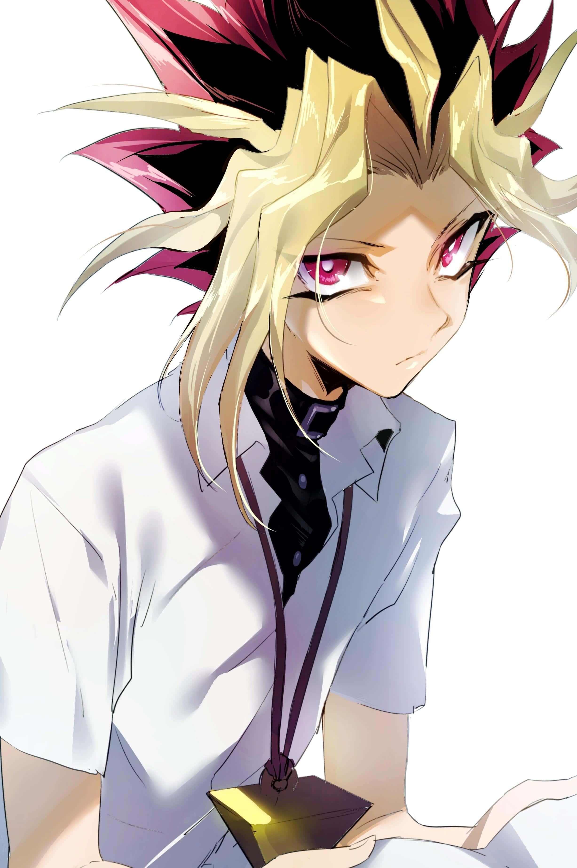 Yami Yugi 桌布 壁紙 — 動漫角色，擁有尖刺金髮和洋紅色頭髮，紅色眼睛，手持發光金色物體。