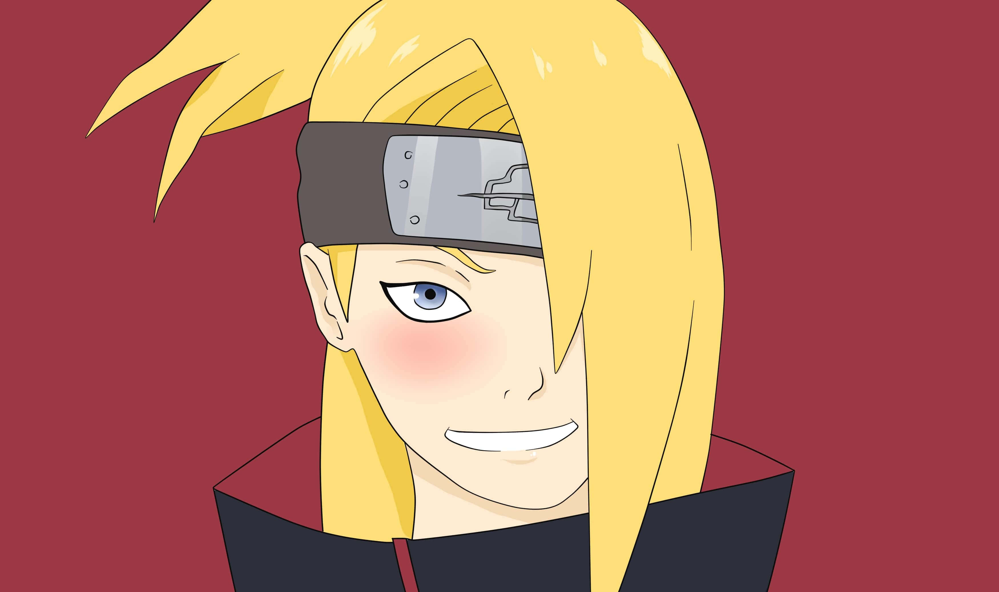 Akatsuki X Deidara 桌布 壁紙 — 動漫角色，擁有尖刺金髮和藍色眼睛，在純栗色背景上微笑。