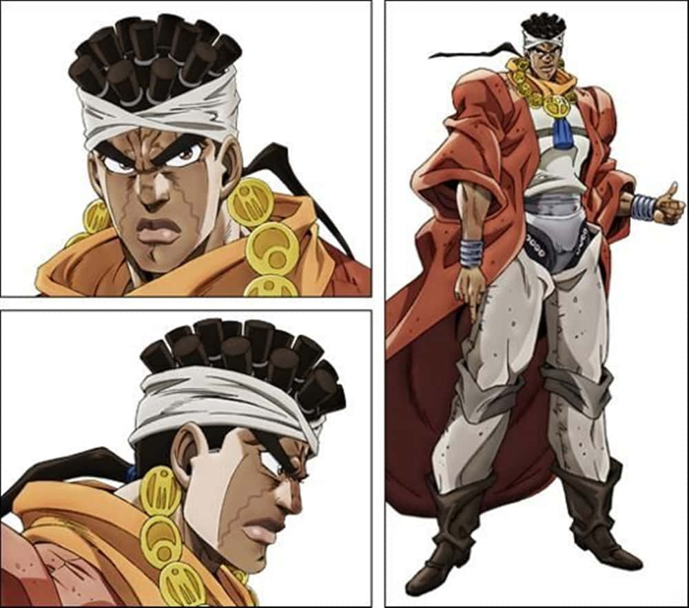 Muhammad Avdol 桌布 壁紙 — 動漫角色，擁有尖刺頭髮、頭巾、金色耳環和紅色外套，在漫畫格中自信地擺姿勢。