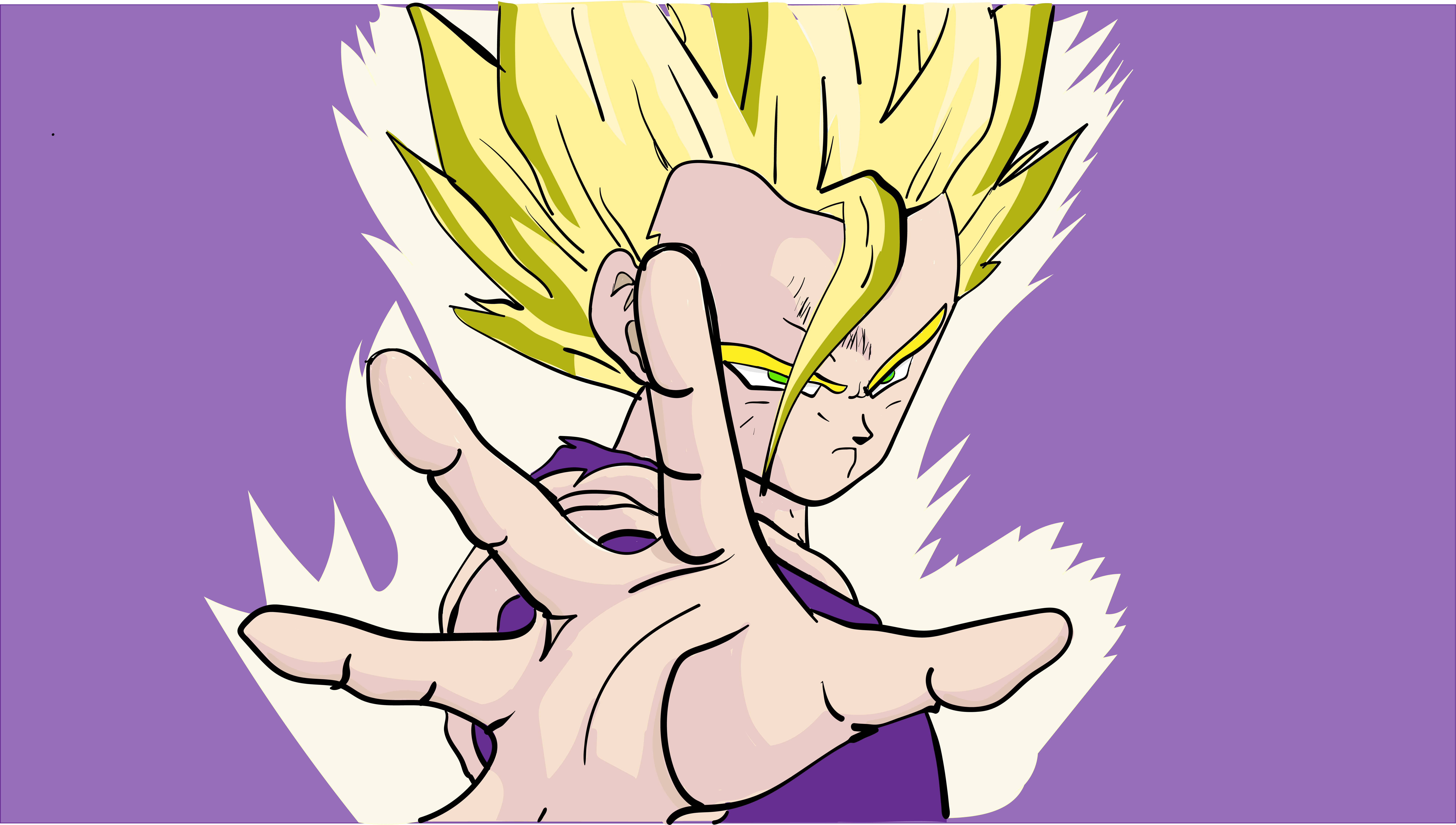Gohan 桌布 壁紙 — 動漫角色，擁有尖刺黃色頭髮和紫色服裝，在純紫色背景前以動態姿勢引導能量。