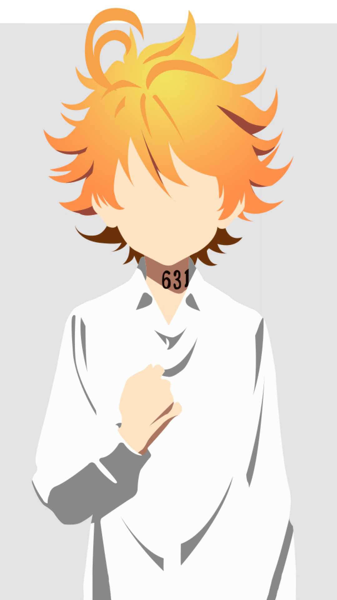 The Promised Neverland Emma 桌布 壁紙 — 動漫角色，有尖刺的橙色頭髮和白色襯衫，正在調整衣領，可見數字631。