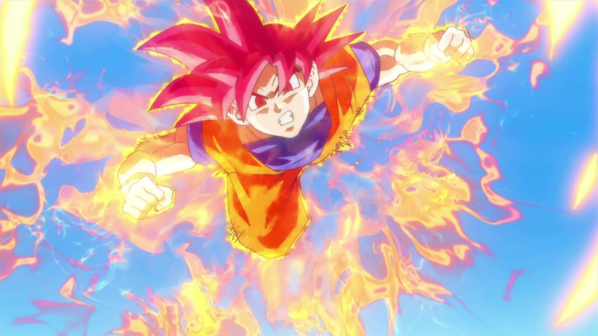 Super Saiyan God 桌布 壁紙 — 動漫角色，有著尖刺的紅髮和橙色道服，在天空中飛行，周圍環繞著火熱的能量光環。