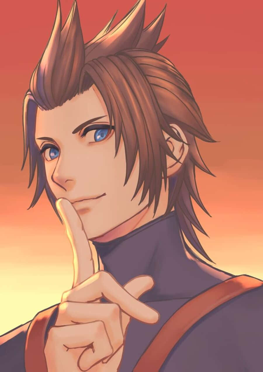 Kingdom Hearts Terra 桌布 壁紙 — 動漫角色，棕色刺蝟頭，藍色眼睛，在溫暖的日落天空下眨眼並將手指放在嘴唇上。