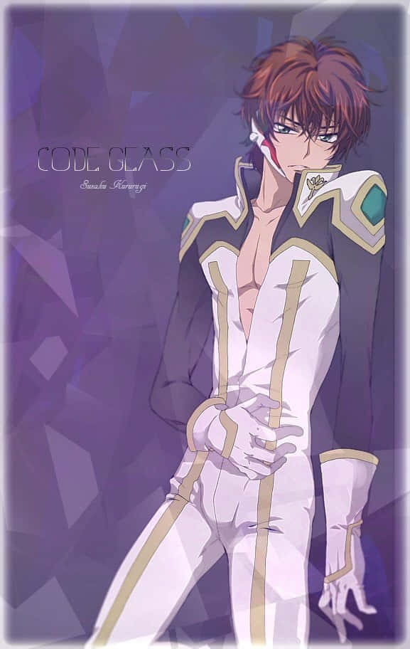 Suzaku Kururugi 桌布 壁紙 — 動漫角色，棕色頭髮，白色制服，自信地站在紫色幾何背景前。