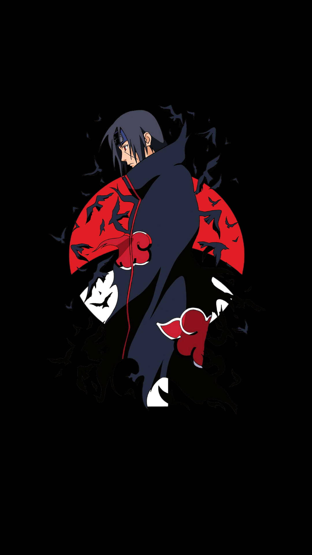akatsuki itachi 桌布 壁紙 — 動漫角色，深色頭髮，身穿紅色雲紋斗篷，站在黑色背景前，蝙蝠在周圍飛舞。